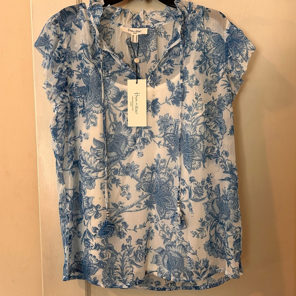 Haven + Blair Blue & White Floral Print Women’s Top Dressy or Work Shirt